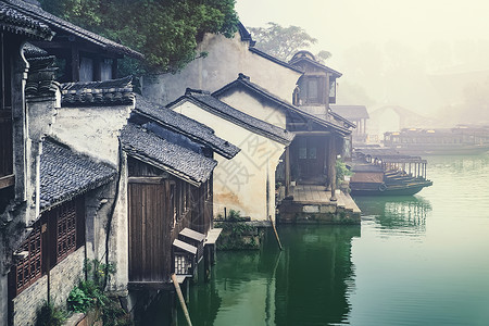 水乡美女清晨江南水乡乌镇背景