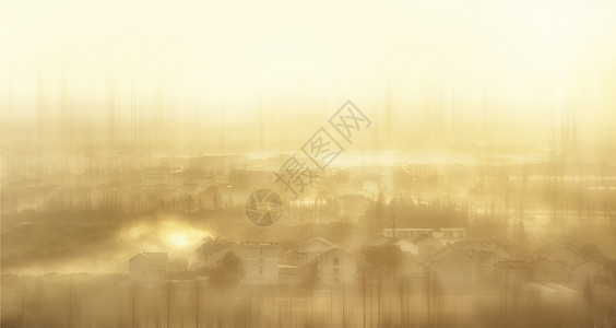 城市附近朦胧阳光下晨雾中的村庄背景