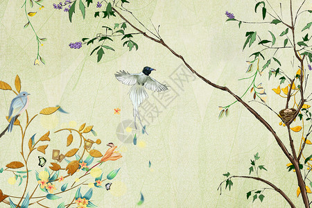 春天鲜花海报唯美的花鸟背景设计图片