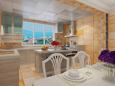 城市3d效果图地中海厨房效果图背景