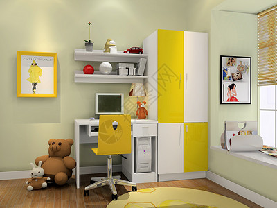 家装卧室效果图黄色系儿童房衣柜图纸背景
