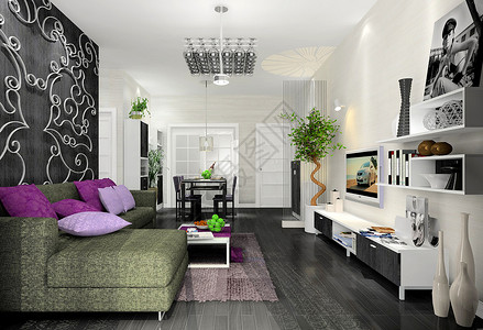 名片紫色绿色灰现代黑白灰风格客厅效果图背景