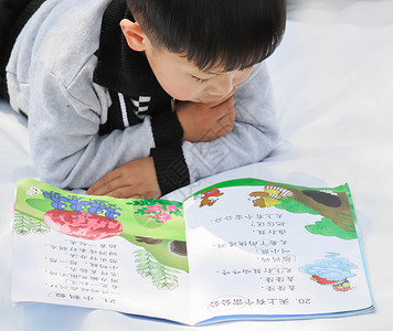 宝宝幼儿园趴着看书的学生背景