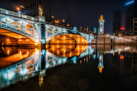 天津海河沿岸夜景桥梁高清图片素材