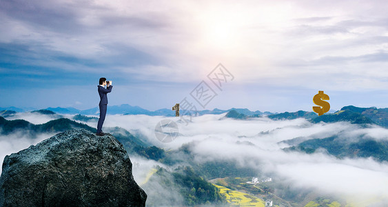 商业人像梳头男子望向远处山顶的金钱设计图片