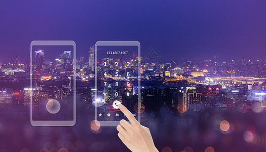 安卓平板移动应用界面女士手指夜晚城市高楼背景设计图片