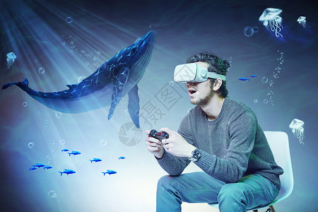 深海探险头戴VR在海底遇见鲨鱼设计图片