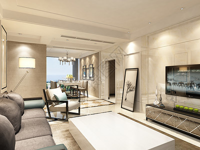 3d海洋地贴现代客厅效果图背景