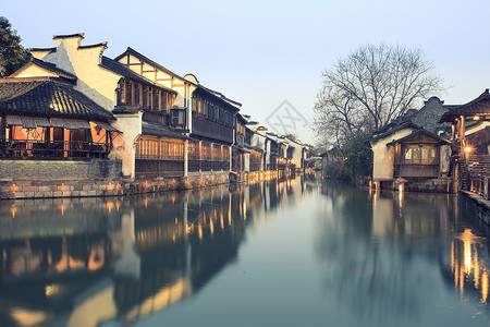 红河水乡乌镇夜色背景