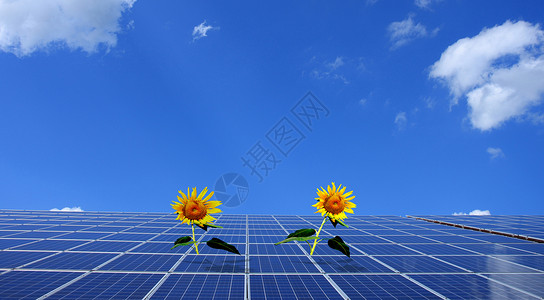 太阳与云素材太阳能电板上的向日葵设计图片