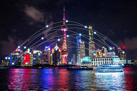上海街道夜景东方明珠的炫光背景设计图片