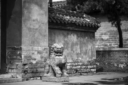 黑白古建筑门口石狮背景