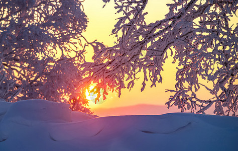 雪乡行雪花落日湖边高清图片