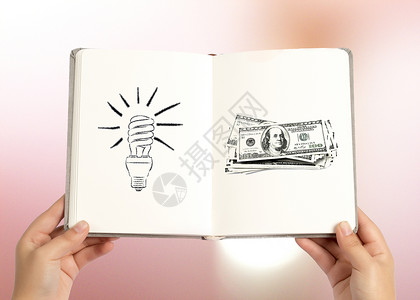 笔记本手绘商业主意和钱的衡量设计图片