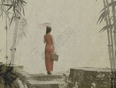 竹林小道上打扇穿旗袍的美女背景