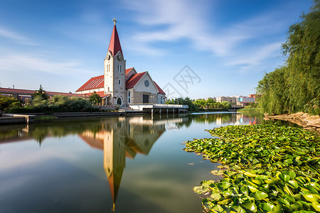 亚洲第一教堂午后的河边教堂背景