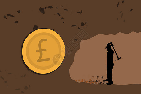 英镑金币掘金人挖宝藏的剪影插画