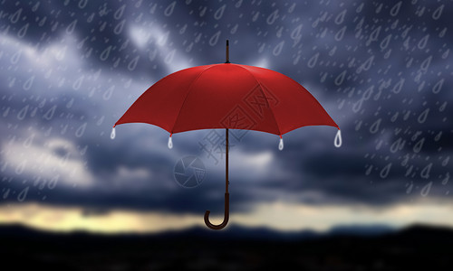 下雨水雷雨天中的红雨伞设计图片
