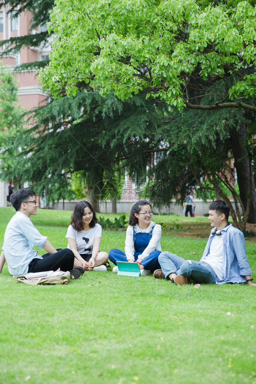 男女大学生们坐草地上聊天休息图片