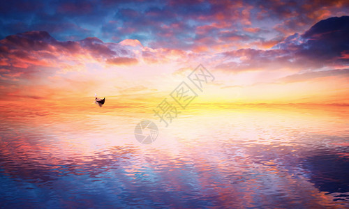快速波浪和日出梦幻湖泊上的一只小船设计图片