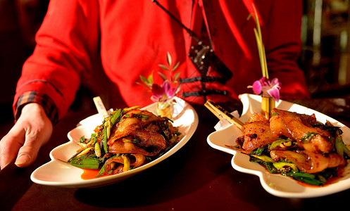 餐饮美食图片双手端着四川名菜回锅肉上菜背景