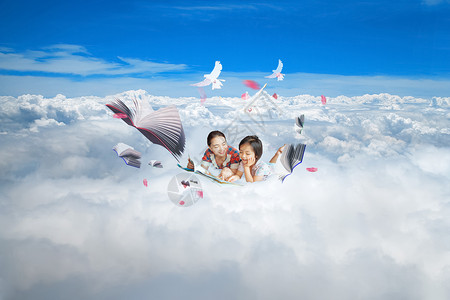 云层上读书的女孩图片云层的读书者设计图片