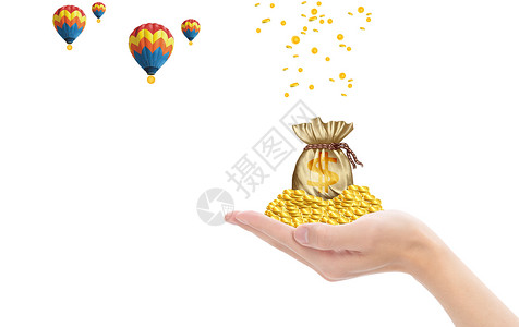 简约兴奋抢票手搬运金币的热气球设计图片