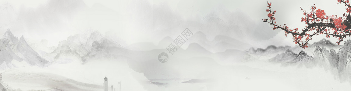 庭院梅花中国风水墨山水画背景设计图片