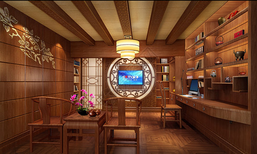 传统图案背景中式书房设计效果图背景