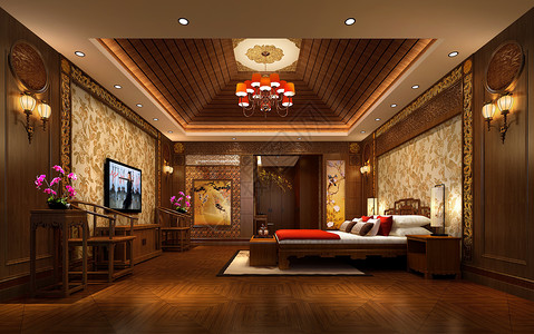 木纹板上顶中式卧室设计效果图背景