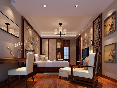 木地板背景墙新中式卧室设计效果图背景