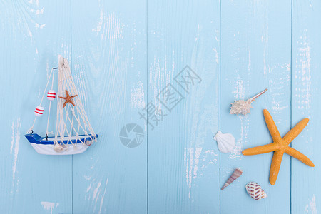 帆船励志素材夏日蓝色木板帆船海星素材背景