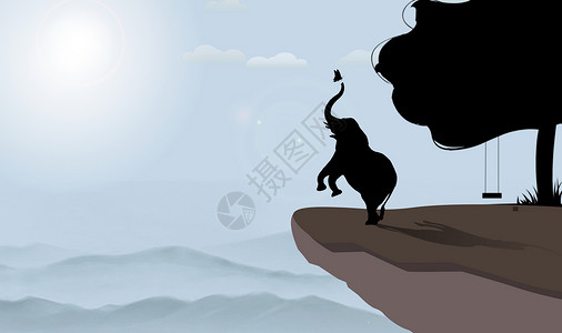 手绘-悬崖边嬉戏的小象高清图片