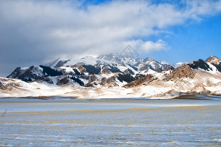 白雪皑皑的美景雪山劲草背景