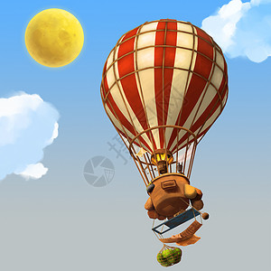 创意手绘-热气球飞行在天空背景图片