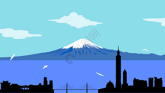 富士山与白天鹅手绘-富士山与天空插画