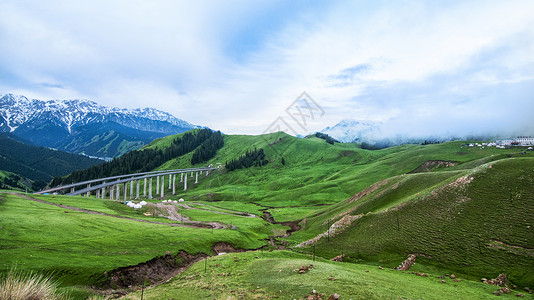 白云素材免费桥山脉雪山蓝天白云草地背景