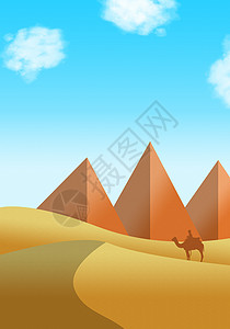 手绘-沙漠蓝天下的骆驼背景图片