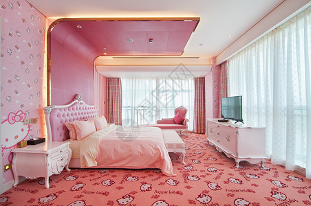酒店客房粉色的房间高清图片