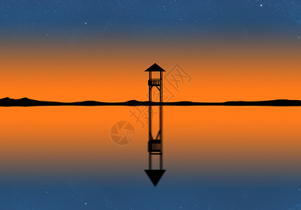 傍晚的水天一色=星空与湖面背景图片