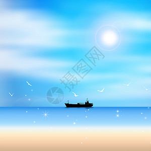 云海中的小船与少年插画清新背景-大海沙滩与蓝天背景