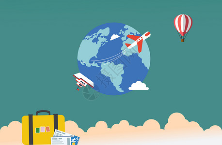 行李箱上的气球环球旅行设计图片