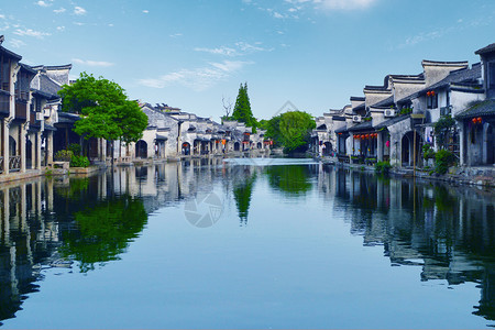 徽派建筑矢量浙江湖州南浔古镇的夜色美景背景