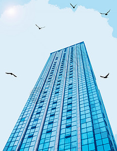 手绘蓝色天空创意转手绘-城市建筑与高空飞行的鸟背景