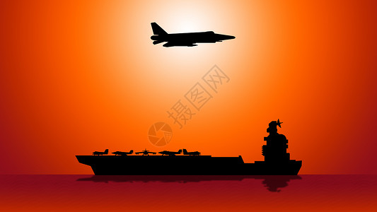 军事喷气式飞机剪影-海面上的船与空中的飞机背景