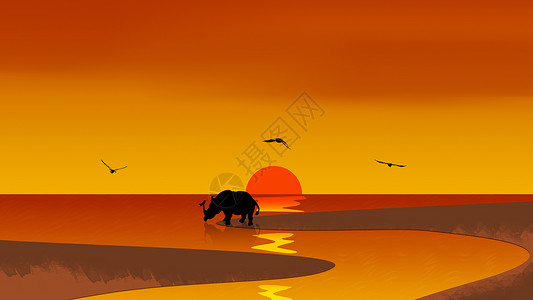 大象剪影手绘-夕阳下喝水的犀牛背景