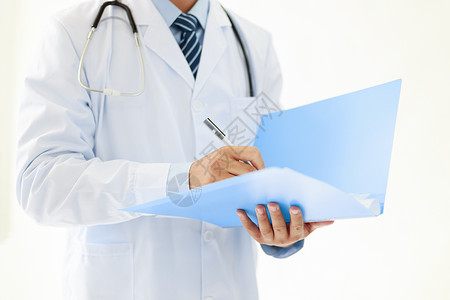 蓝色医疗折页拿文件夹的医生背景