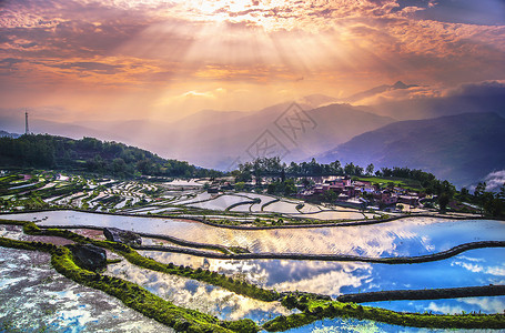 梯田风景元阳梯田的晚霞背景