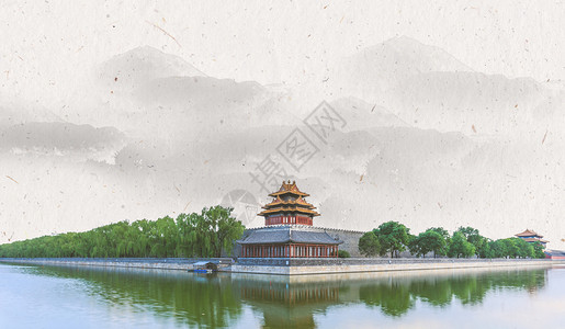 黄花城水长城中国风古楼远山水墨海报背景设计图片