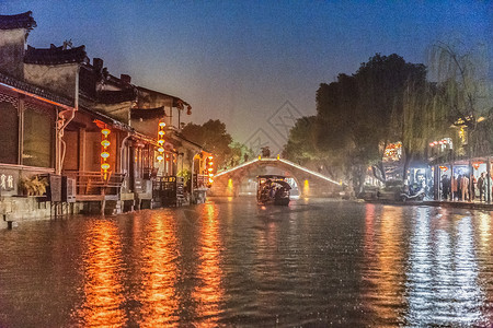 灯笼霓虹灯西塘水上夜景背景